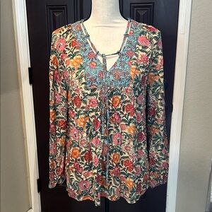 Natural Life Floral Tie Neck Long Sleeve Blouse Size Medium